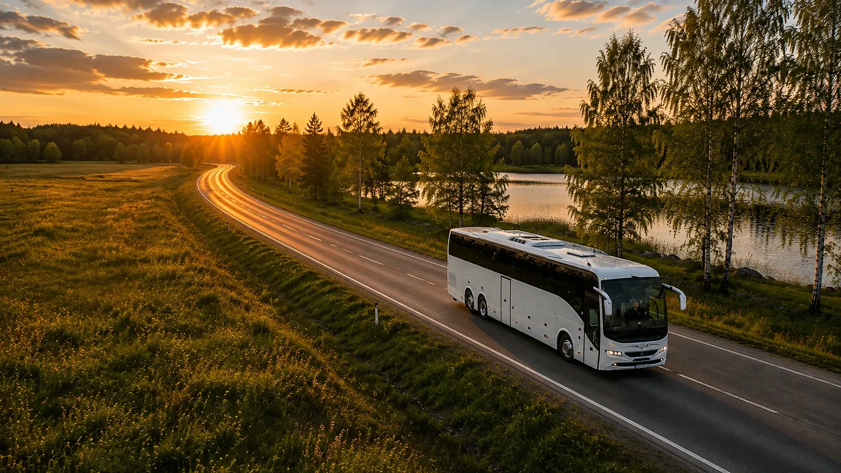 Bergslagsbuss white touring coach on a country road, seen from above
